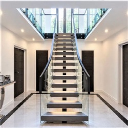100% Customized Straight Staircase Wood Tread and Glass Railing