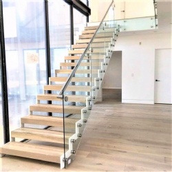 Indoor Steel Zigzag Plate Beam Straight Staircase Wood Steps Glass Railing
